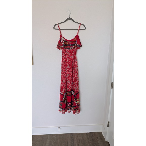 One September Anthropologie Red Floral Ruffle Maxi Dress Petite Small SP - Picture 6 of 9